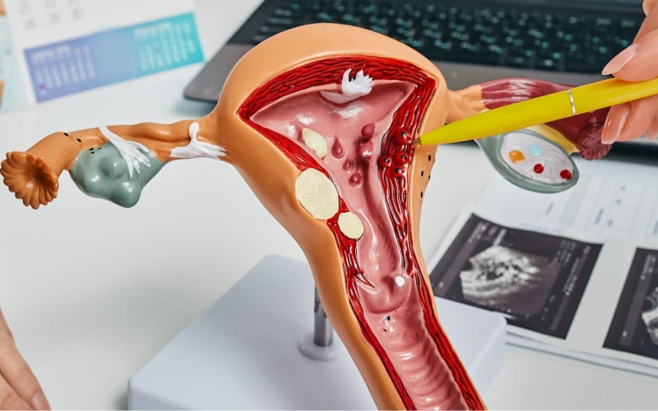 Medical uterus model displaying different types of ovarian cysts for gynecological education